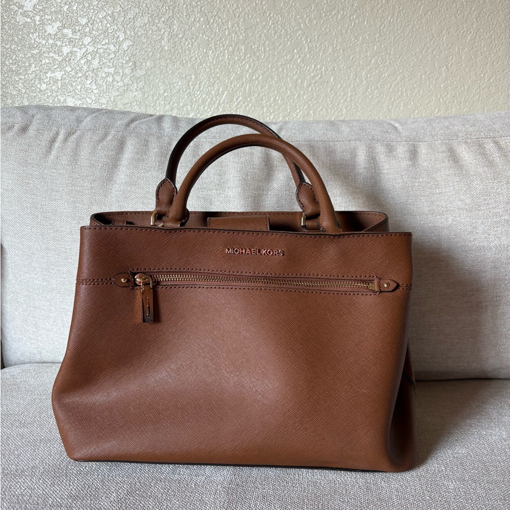 Michael Kors Cognac Saffiano Leather Satchel Tote Bag – Gold Hardware